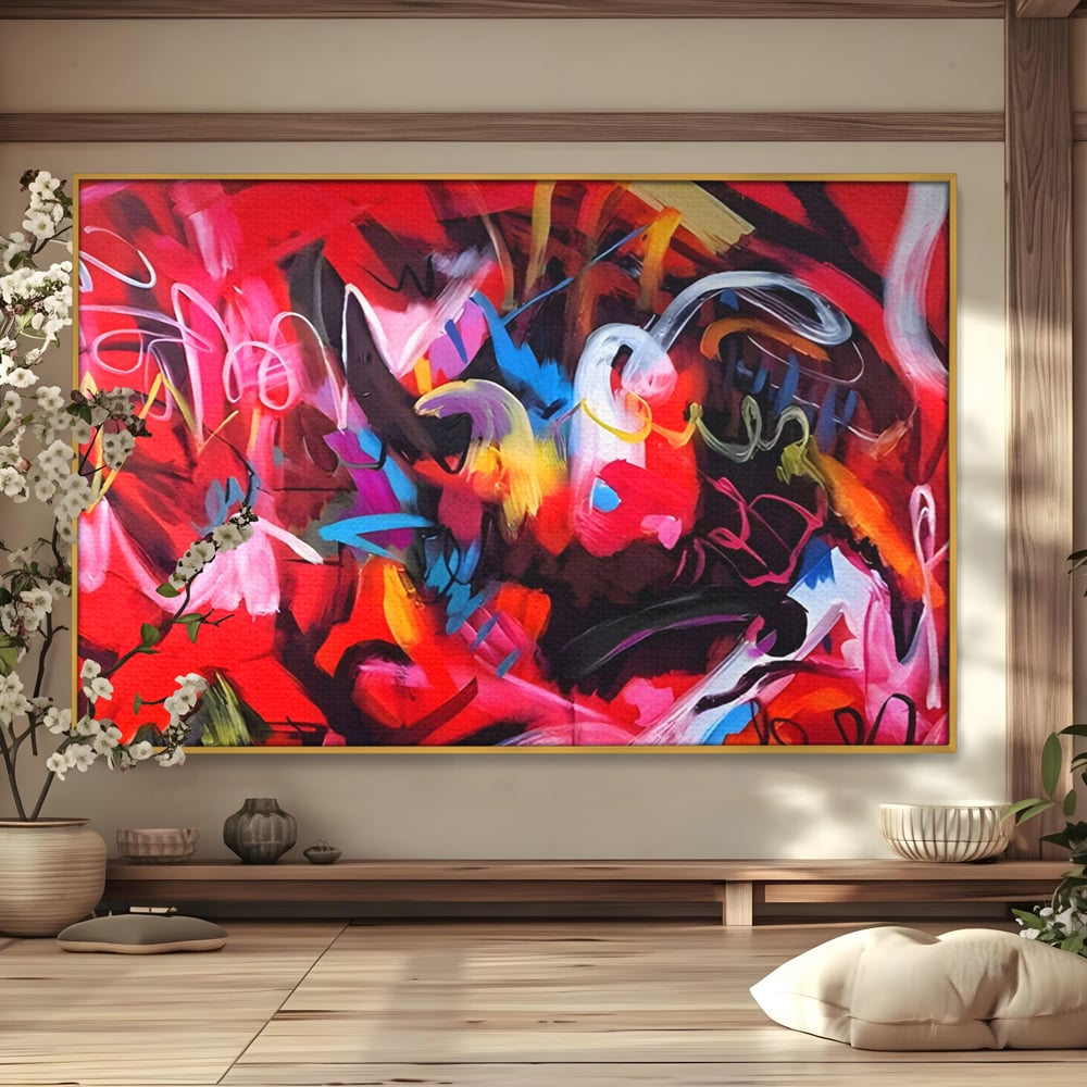 Tablou canvas cu tablou canvas cu graffiti rosu, in rama de aluminiu auriu